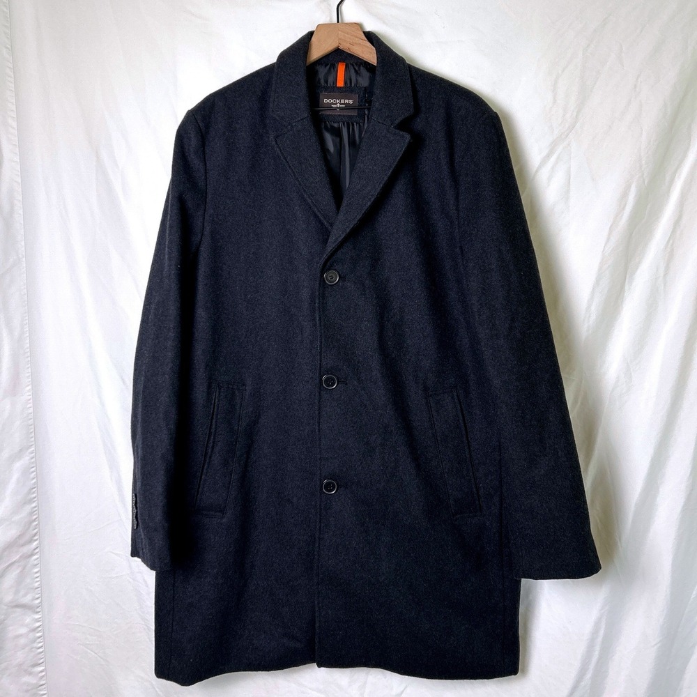 Dockers Mens Wool Blend Single Breasted Overcoat Car Coat Size XL Charcoal Grey